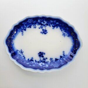 Antique Johnson Bros Clayton Flow Blue 16" Oval Platter Floral, Embossed Edge